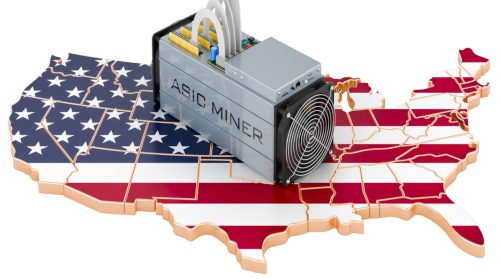 Mining in the USA, concept. ASIC miner with The United States map. 3D rendering isolated on white background